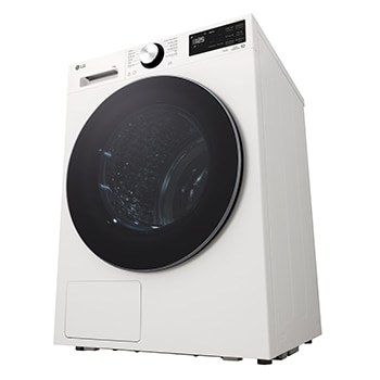 Góc chụp từ dưới lên phía bên trái của máy sấy LG AI DUAL Inverter Heat Pump™ 12kg màu trắng RX12VHP5W1