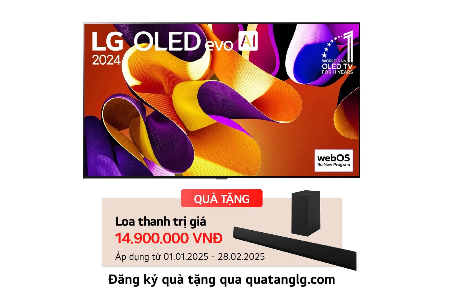 Hình ảnh mặt trước với TV LG OLED evo AI, OLED G4, Hình ảnh biểu tượng OLED 11 năm đứng đầu thế giới và logo webOS Re:New Program trên màn hình