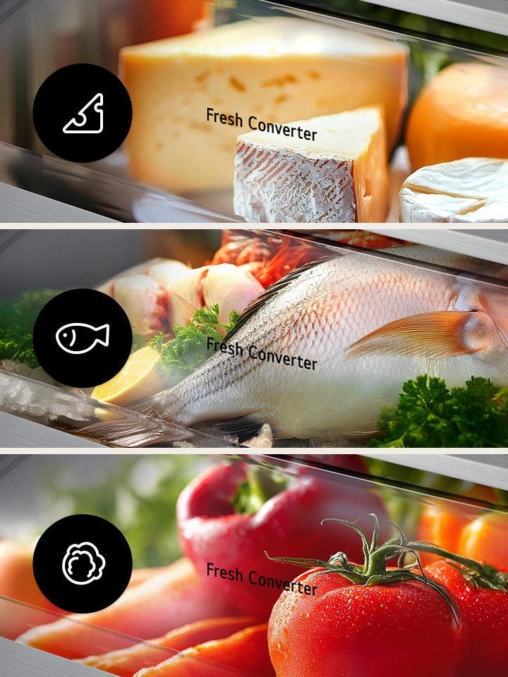 Ngăn chứa Fresh Converter hiển thị các cài đặt nhiệt độ khác nhau để lưu trữ phô mai, cá và rau củ.	