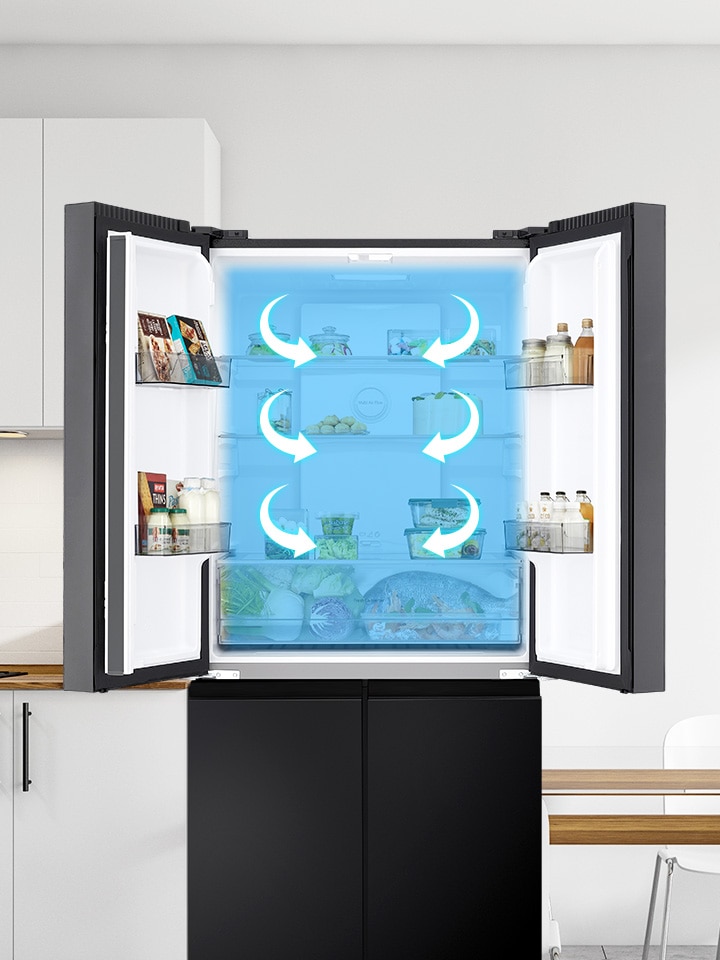 Tủ lạnh nhiều cửa LG với Multi-Air Flow System mở ra, cho thấy sự lưu thông không khí lạnh tạo ra sự phân tán nhiệt đồng đều.