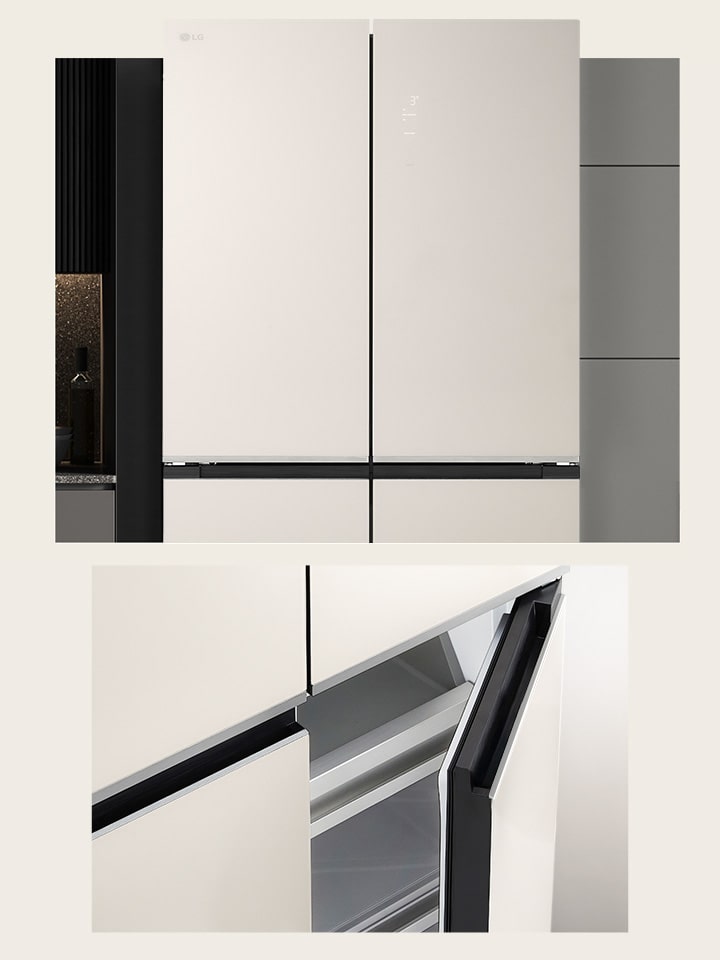 tủ lạnh được hiển thị từ phía trước, với hình ảnh cận cảnh làm nổi bật thiết kế tay nắm có hốc tích hợp.	