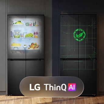 Mặt trước của tủ lạnh LG với giao diện AI ThinQ hiển thị bên ngoài