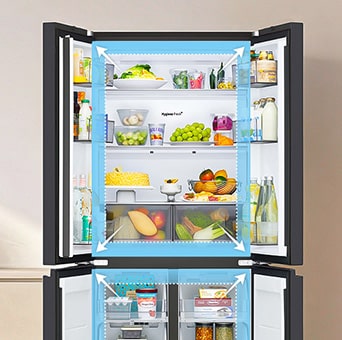 Mặt trước mở của tủ lạnh LG làm nổi bật dung lượng lưu trữ lớn bên trong.
