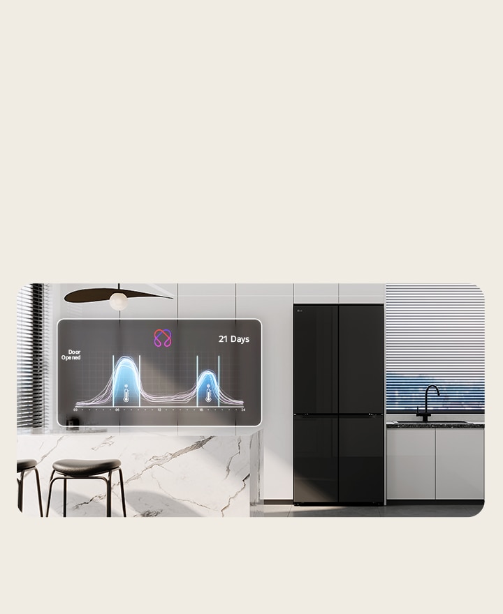 Mặt trước của tủ lạnh LG cùng với giao diện AI Fresh cho biết khả năng làm mát thích ứng dựa trên cách sử dụng.