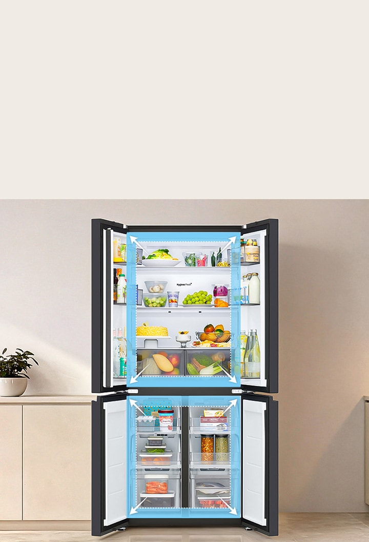 Tầm nhìn mở ra tủ lạnh LG cho thấy nội thất rộng rãi với các khu vực lưu trữ nổi bật.