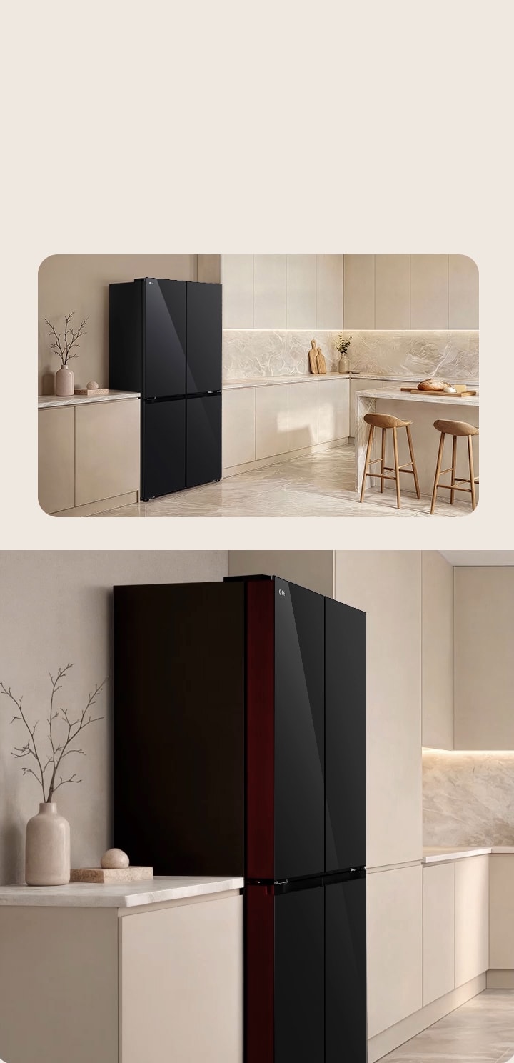 Góc nhìn tủ lạnh LG với thiết kế cửa mỏng trong nội thất bếp hiện đại.