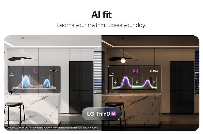 Một hình ảnh cạnh nhau cho thấy hai góc nhìn của tủ lạnh LG trong nhà bếp hiện đại, làm nổi bật các tính năng của AI.