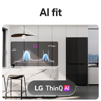 Một hình ảnh cạnh nhau cho thấy hai góc nhìn của tủ lạnh LG trong nhà bếp hiện đại, làm nổi bật các tính năng của AI.