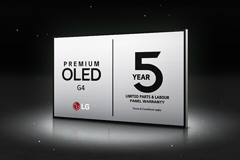 Hình ảnh logo LG OLED Care+ và Bảo hành bảng điều khiển 5 năm trên nền đen.	