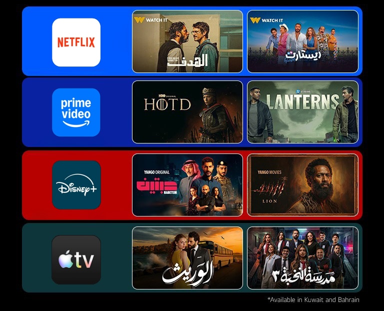 Four colored boxes featuring logos of popular streaming services with two TV show thumbnails each, illustrating a diverse selection of streaming content including shows, movies, and documentaries.