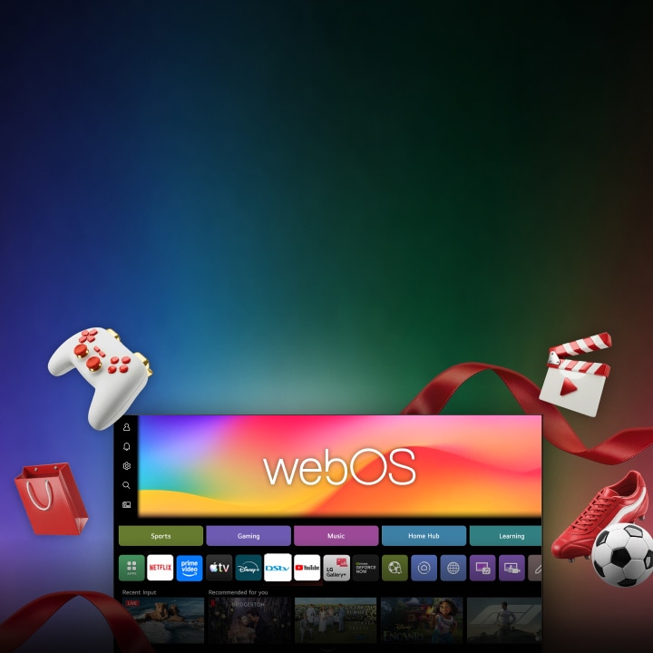 LG webOS features special streaming offers highlighted on a vibrant background, showcasing sports, gaming, and music categories along with promotional icons.