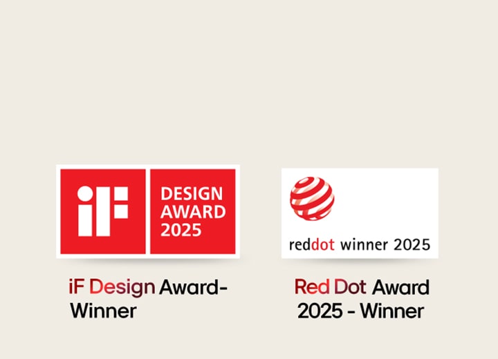 iF Design Award 2025 logo and Red Dot Winner 2025 logo.	