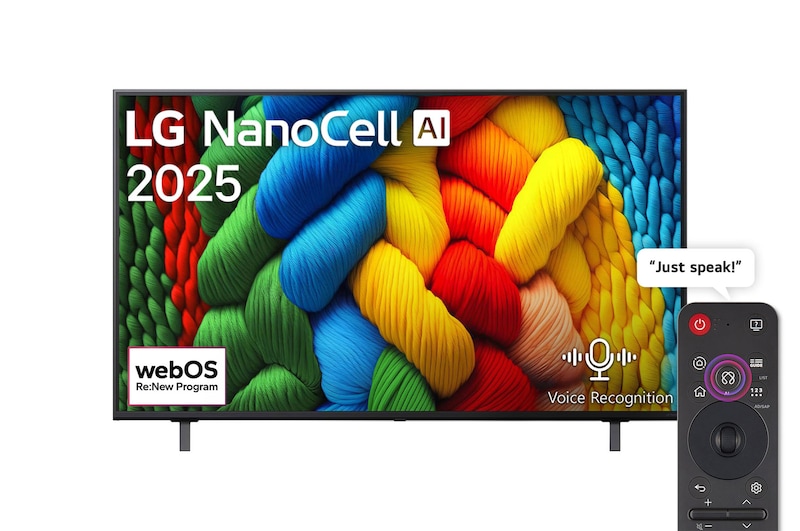 Front view of NanoCell TV, LG NanoCell Al Logo on the top corner. LG NanoCell NANO80 TV depicts colorful paintike textures coming together.