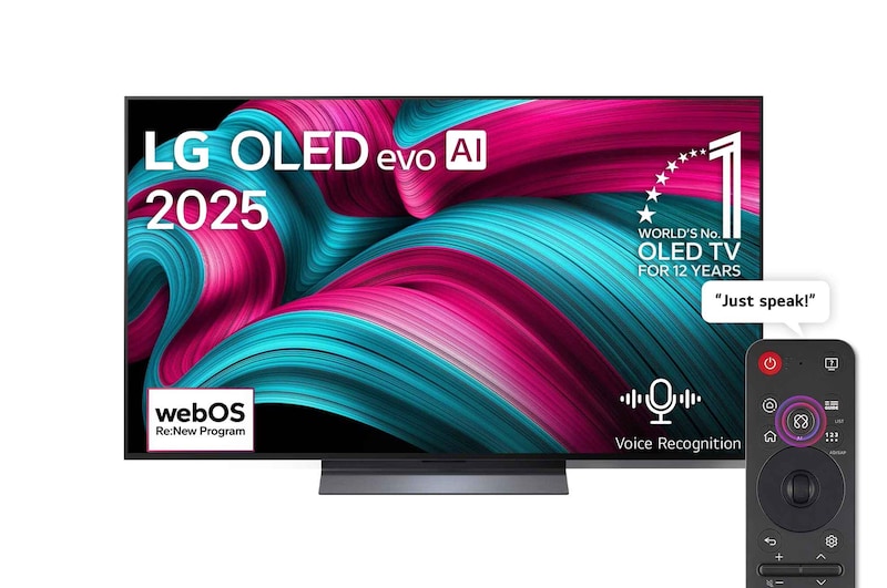 Front view of LG OLED evo AI C5 4K Smart TV. 12 Years of world number 1 OLED emblem and LG OLED evo AI 2025 logo are on the screen.