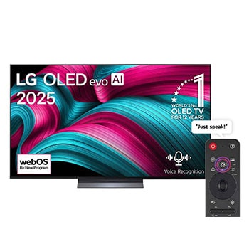 Front view of LG OLED evo AI C5 4K Smart TV. 12 Years of world number 1 OLED emblem and LG OLED evo AI 2025 logo are on the screen.