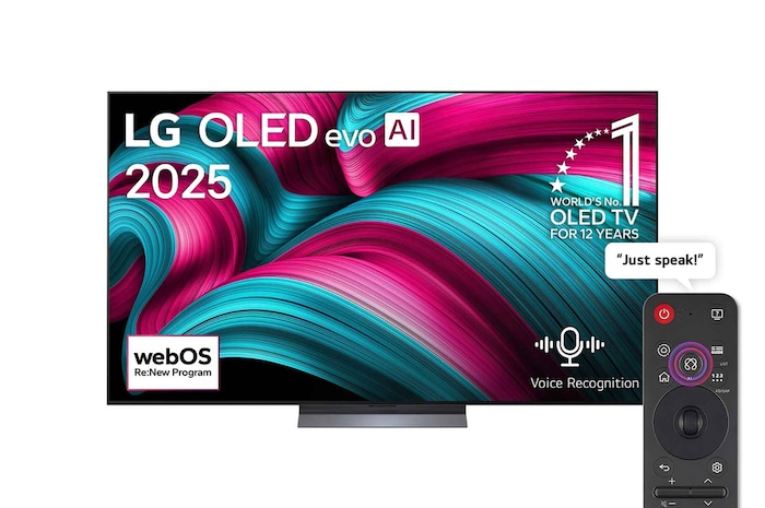 Front view of LG OLED evo AI C5 4K Smart TV. 12 Years of world number 1 OLED emblem and LG OLED evo AI 2025 logo are on the screen.