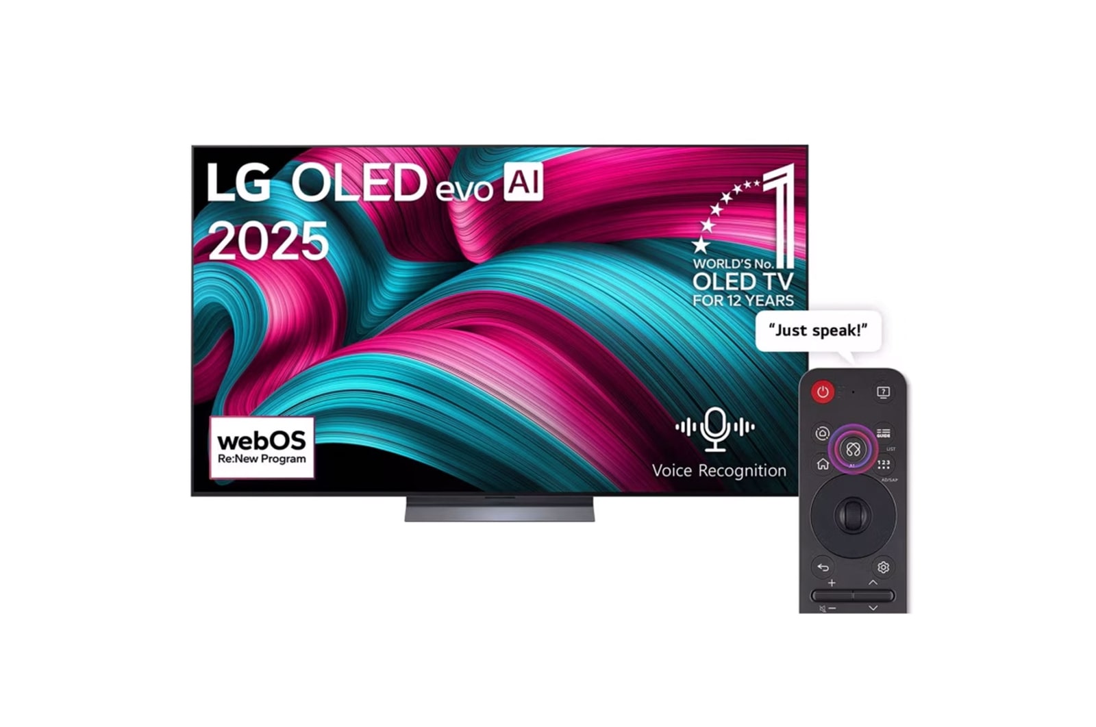 Front view of LG OLED evo AI C5 4K Smart TV. 12 Years of world number 1 OLED emblem and LG OLED evo AI 2025 logo are on the screen.