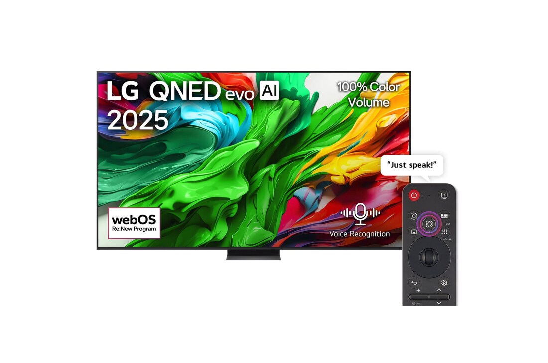 Front view of LG QNED evo QNED85 TV, LG QNED evo Al Logo on the top corner. LG QNED evo QNED85 TV depicts colorful paintike textures coming together.