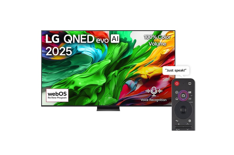 Front view of LG QNED evo QNED85 TV, LG QNED evo Al Logo on the top corner. LG QNED evo QNED85 TV depicts colorful paintike textures coming together.