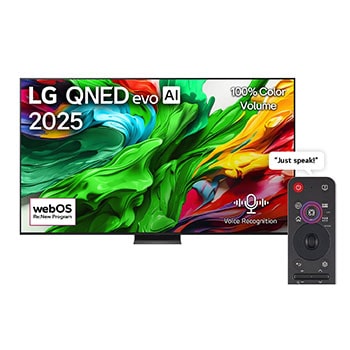 Front view of LG QNED evo QNED85 TV, LG QNED evo Al Logo on the top corner. LG QNED evo QNED85 TV depicts colorful paintike textures coming together.