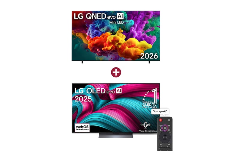Front view of 100 inch LG QNED evo AI QNED85 Mini LED 4K Smart TV 2026 + FREE 55 inch LG OLED evo AI C5 4K 144Hz Smart TV 2025 100QNED85B8.OLED001