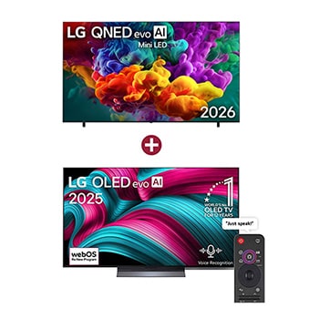 Front view of 100 inch LG QNED evo AI QNED85 Mini LED 4K Smart TV 2026 + FREE 55 inch LG OLED evo AI C5 4K 144Hz Smart TV 2025 100QNED85B8.OLED001