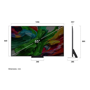 Front view and side view of LG QNED evo AI QNED85 4K Smart TV showing its length, width, height, and depth dimensions.