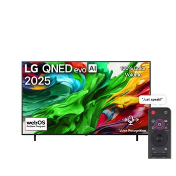 Front view of LG QNED evo QNED85 TV, LG QNED evo Al Logo on the top corner. LG QNED evo QNED85 TV depicts colorful paintike textures coming together.