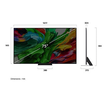 Front view and side view of LG QNED evo AI QNED85 4K Smart TV showing its length, width, height, and depth dimensions.