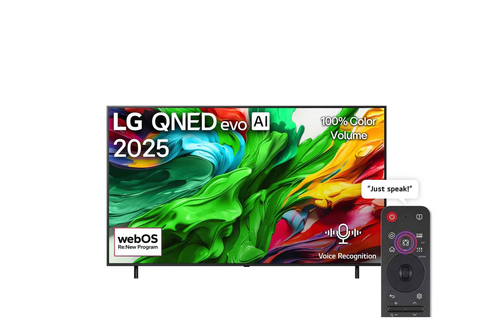 Front view of LG QNED evo QNED85 TV, LG QNED evo Al Logo on the top corner. LG QNED evo QNED85 TV depicts colorful paintike textures coming together.