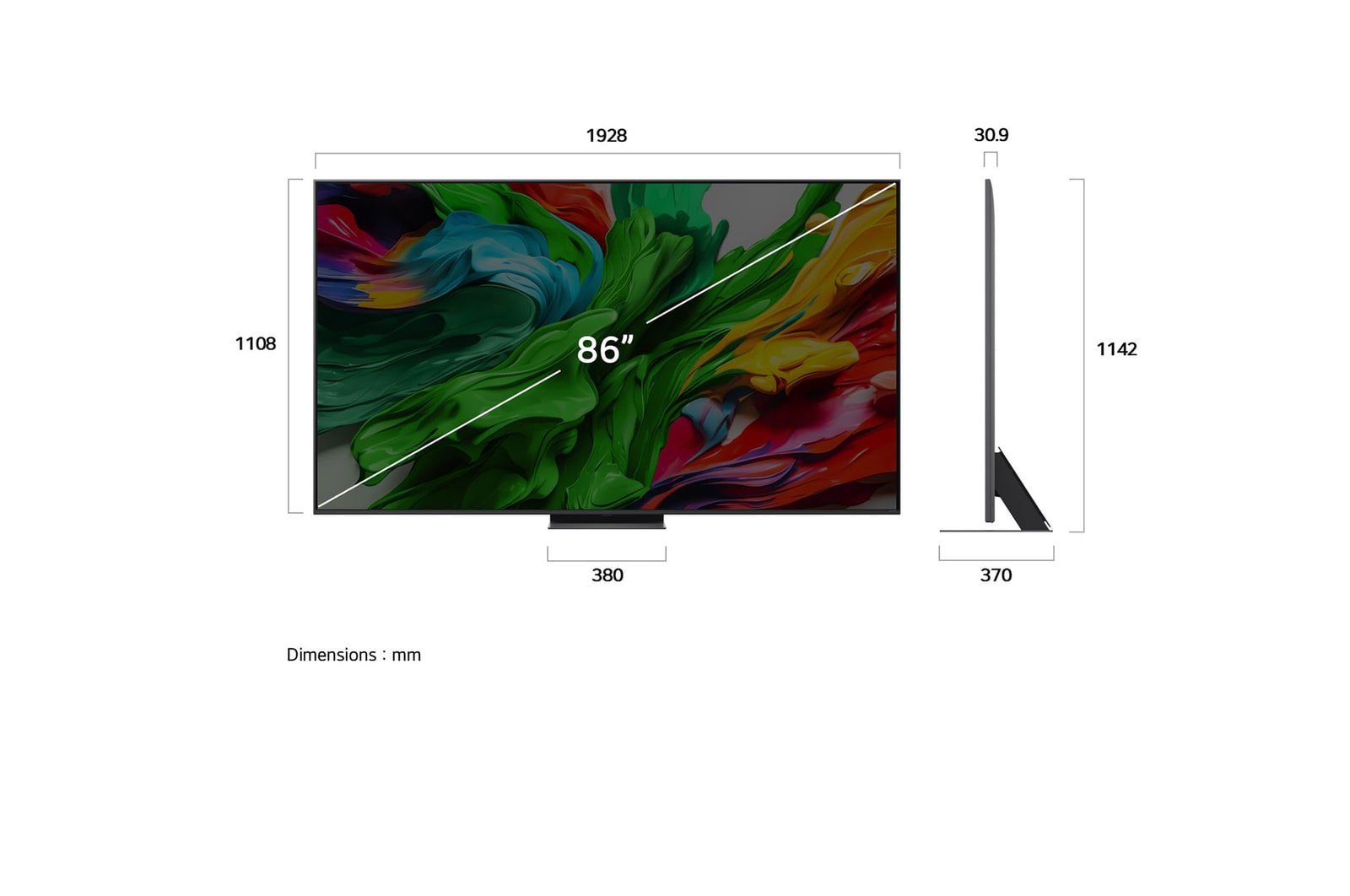Front view and side view of LG QNED evo AI QNED85 4K Smart TV showing its length, width, height, and depth dimensions.