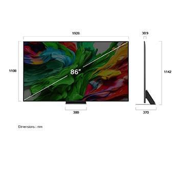 Front view and side view of LG QNED evo AI QNED85 4K Smart TV showing its length, width, height, and depth dimensions.