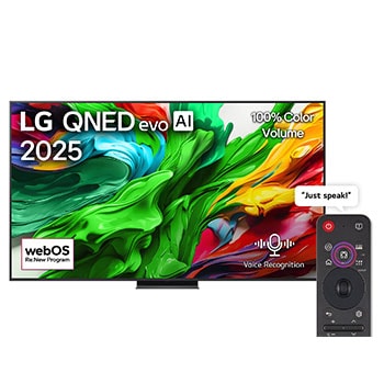 Front view of LG QNED evo QNED85 TV, LG QNED evo Al Logo on the top corner. LG QNED evo QNED85 TV depicts colorful paintike textures coming together.
