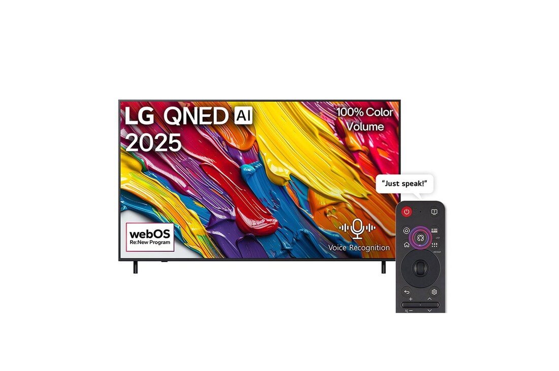 Front view of LG QNED82 TV, LG QNED Al Logo on the top corner. LG QNED TV depicts colorful paintike textures coming together.