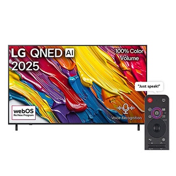 Front view of LG QNED82 TV, LG QNED Al Logo on the top corner. LG QNED TV depicts colorful paintike textures coming together.
