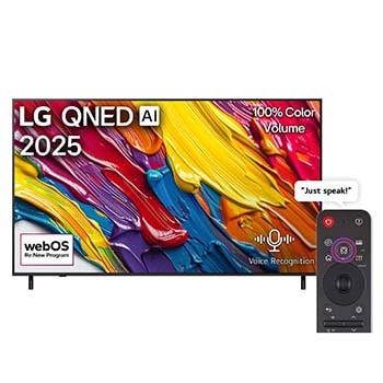 Front view of LG QNED82 TV, LG QNED Al Logo on the top corner. LG QNED TV depicts colorful paintike textures coming together.