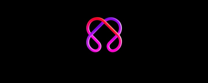 Animated LG AI symbol with interwoven red and purple gradient lines forming a heart-like infinity shape on a black background