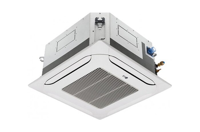 LG Ceiling Cassette ARNU09GTRB4 consists of a gray top and a white bottom. At the bottom, there are fans in each of the four directions, so air can flow.