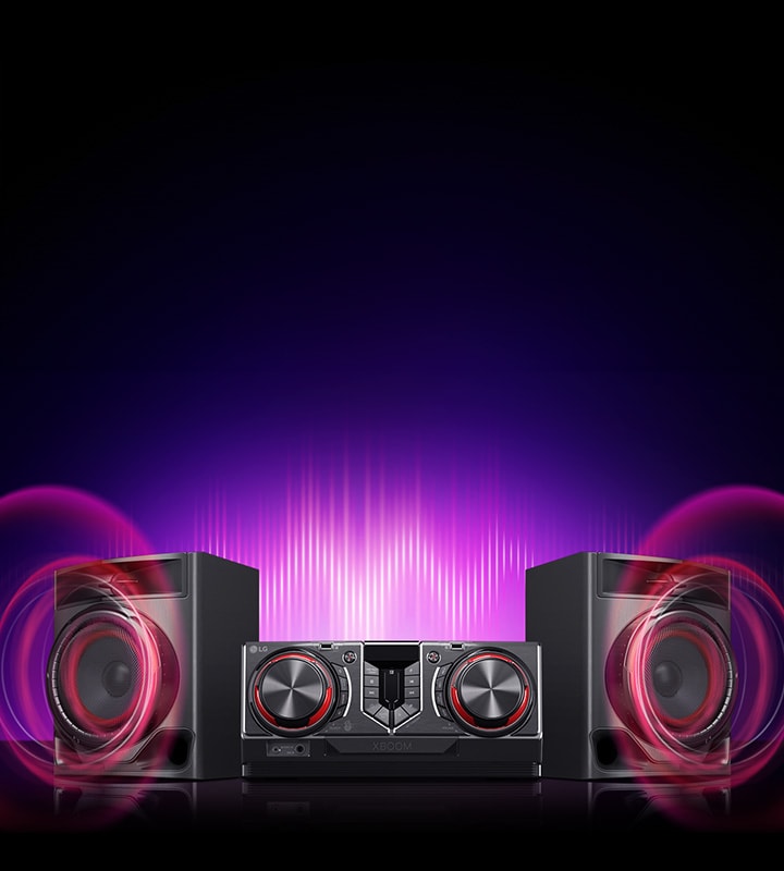 The CJ44 speaker system is placed on a reflective surface, and the sound graphics are coming out from each woofer. Behind the system, a purple equalizer graphic is displayed.