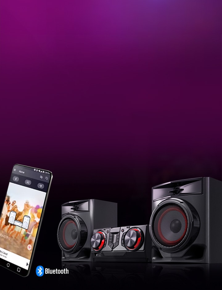 The image shows a blurred background. On the left, a close-up of a smartphone displays a Remote App screen. On the right, the CJ44 system is positioned at a 45-degree angle on a black reflective surface..