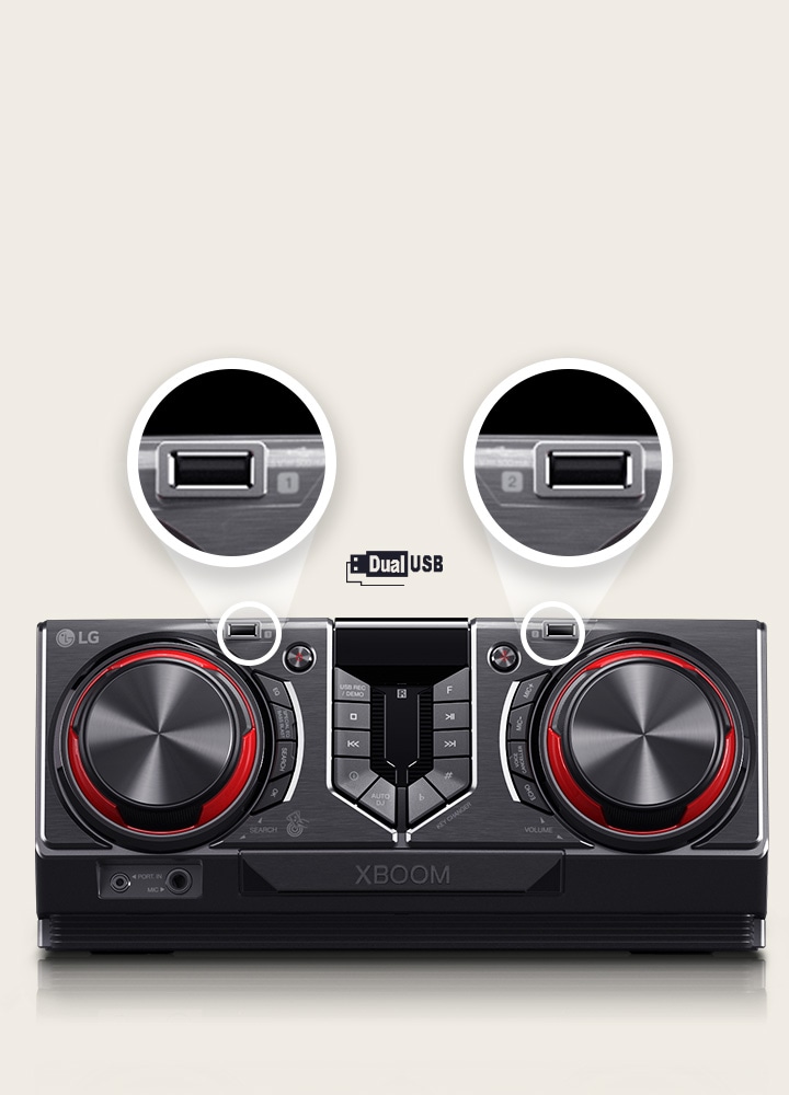 The image shows a frontal view of the receiver. The top of the receiver features a close-up of the USB ports on the left and right. On the bottom right corner, Dual USB logo is shown.