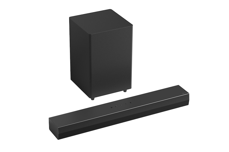 45-degree-angle view of soundbar and subwoofer