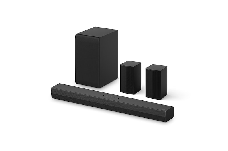 Angled view of LG Soundbar S45TR, subwoofer, and Rear Speakers