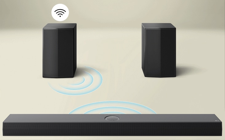 Rear speakers are facing an LG Soundbar with virtual sound effect going forward. The rear speakers are connected with a gray cable to each other. One rear speaker and the main soundbar has a connectivity icon above themselves.