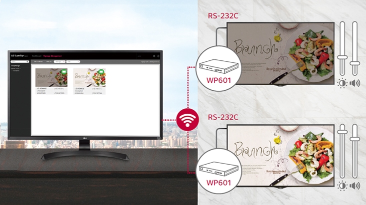 WP601 allows users to flexibly control the brightness and volume of multiple LG digital signages through an RS-232C cable connection.