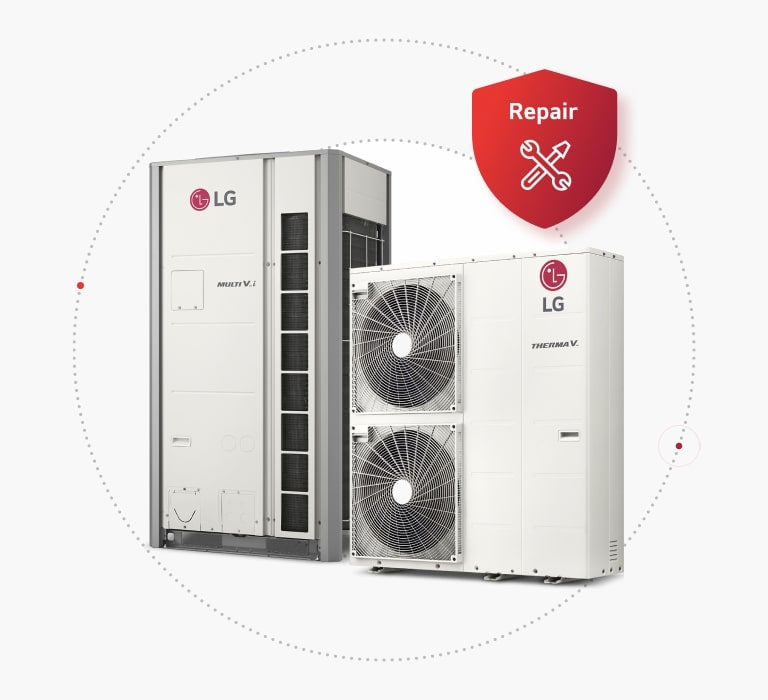 LG MULTI V i and LG Air to Water Heat Pumps Monobloc are laid side by side, badged with a red repair icon on the top right.