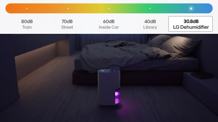 A dehumidifier is placed in a dark bedroom with a mood light on.