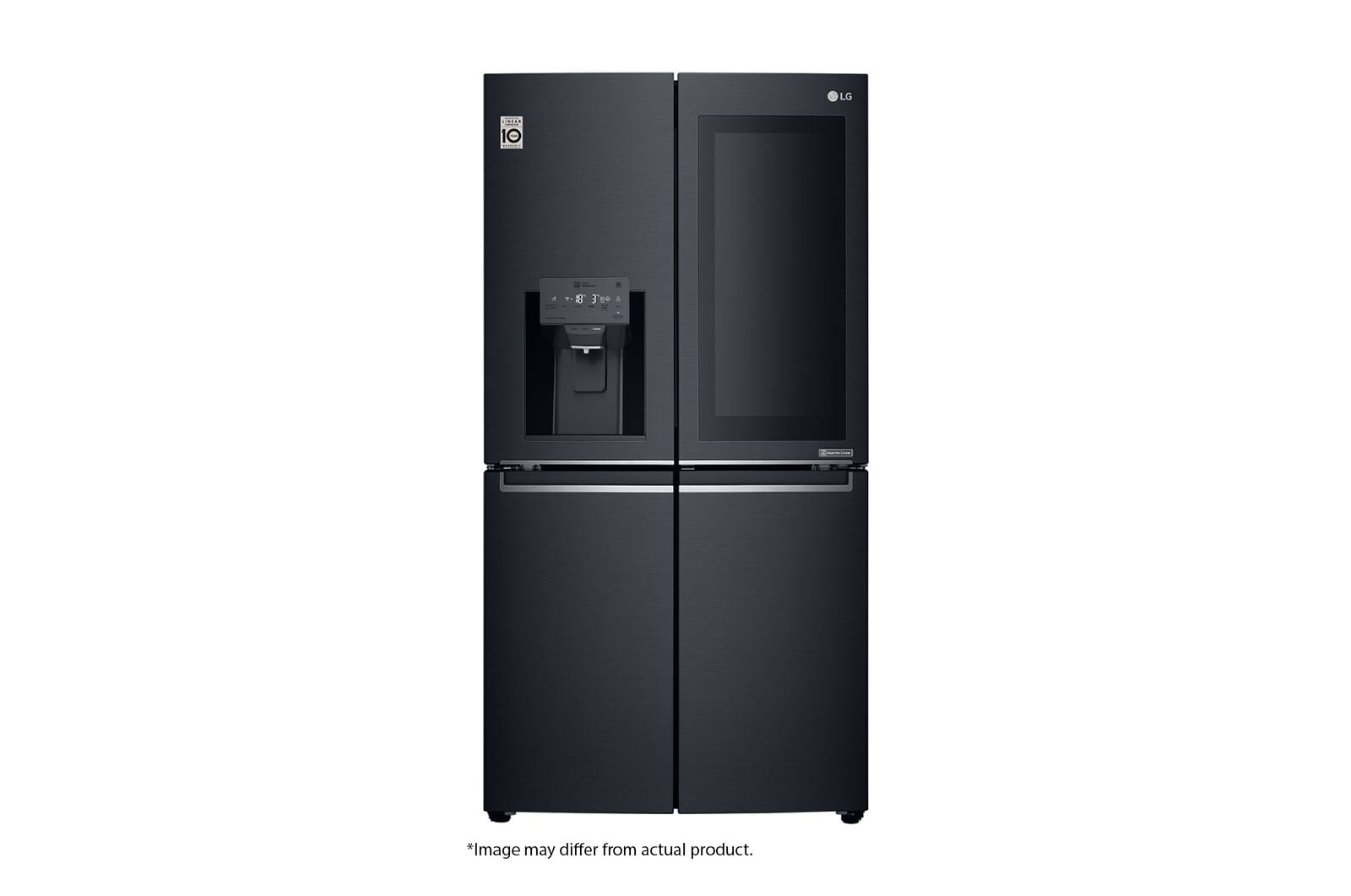 Front view of 889L Matte Black, 4 Door InstaView Door-in-Door Fridge GR-X31FTKHL