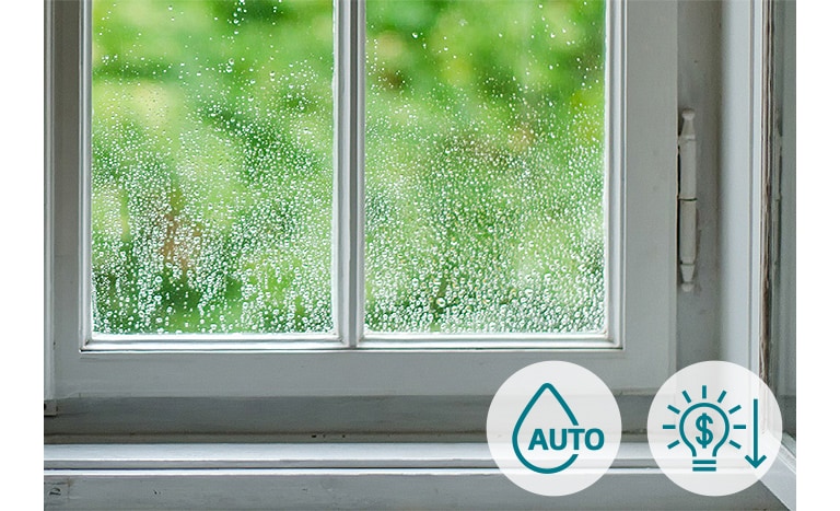 Double-pane window with condensation, showing humidity control icons "Auto" and "Energy Saving" at the bottom right corner.