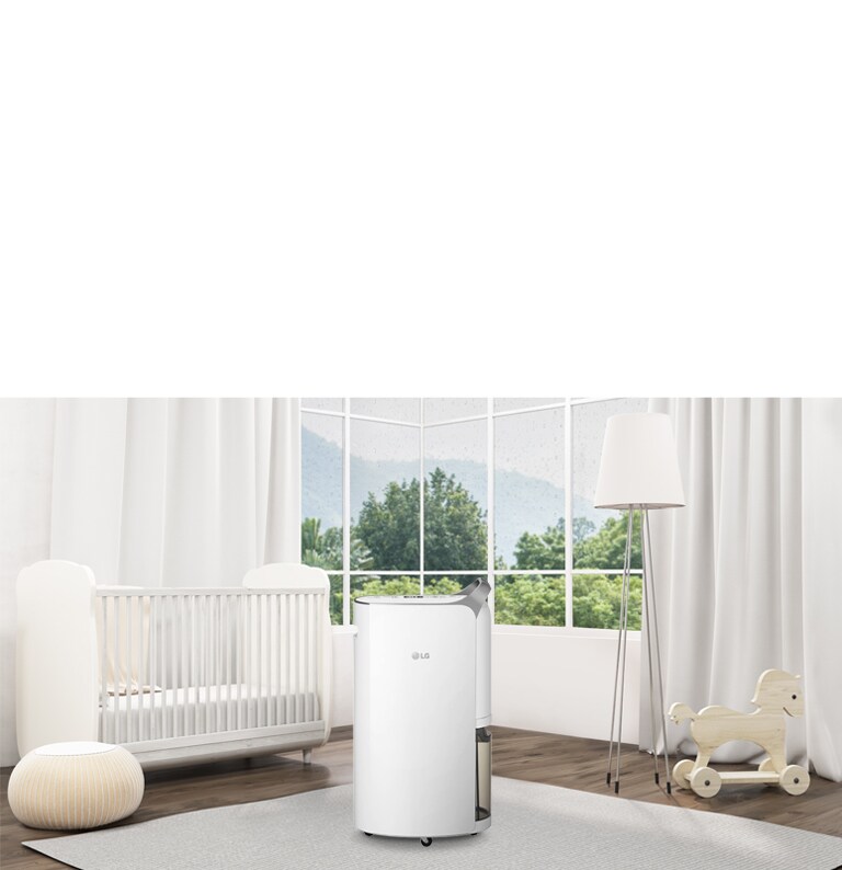 Modern nursery with LG air purifier centered, white crib left, floor lamp and rocking horse right, large windows behind.